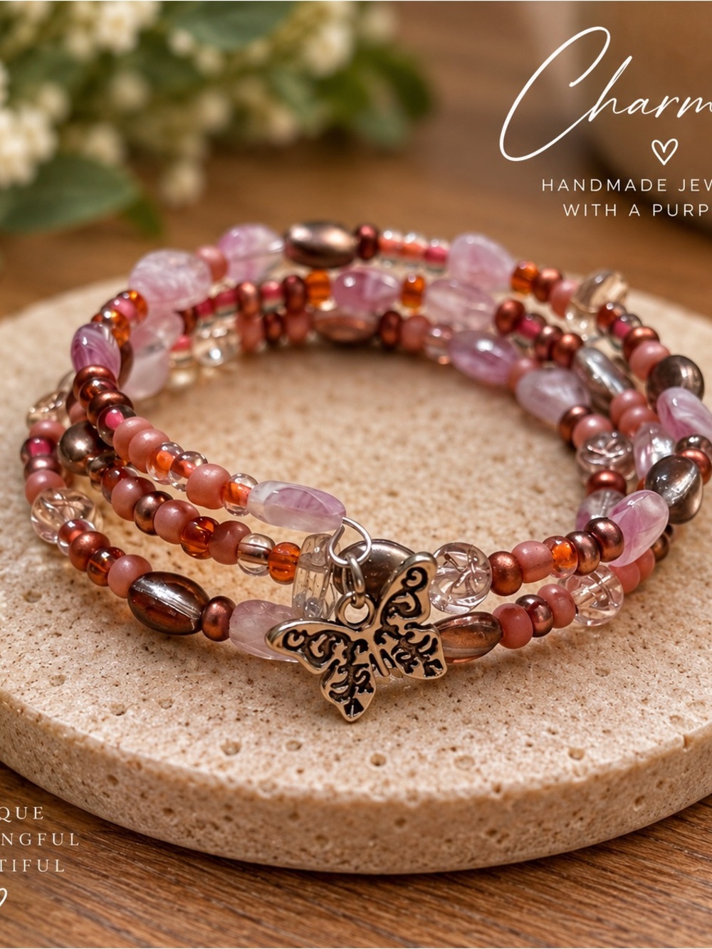 Handmade Pink & Copper Beaded Butterfly Wrap Bracelet